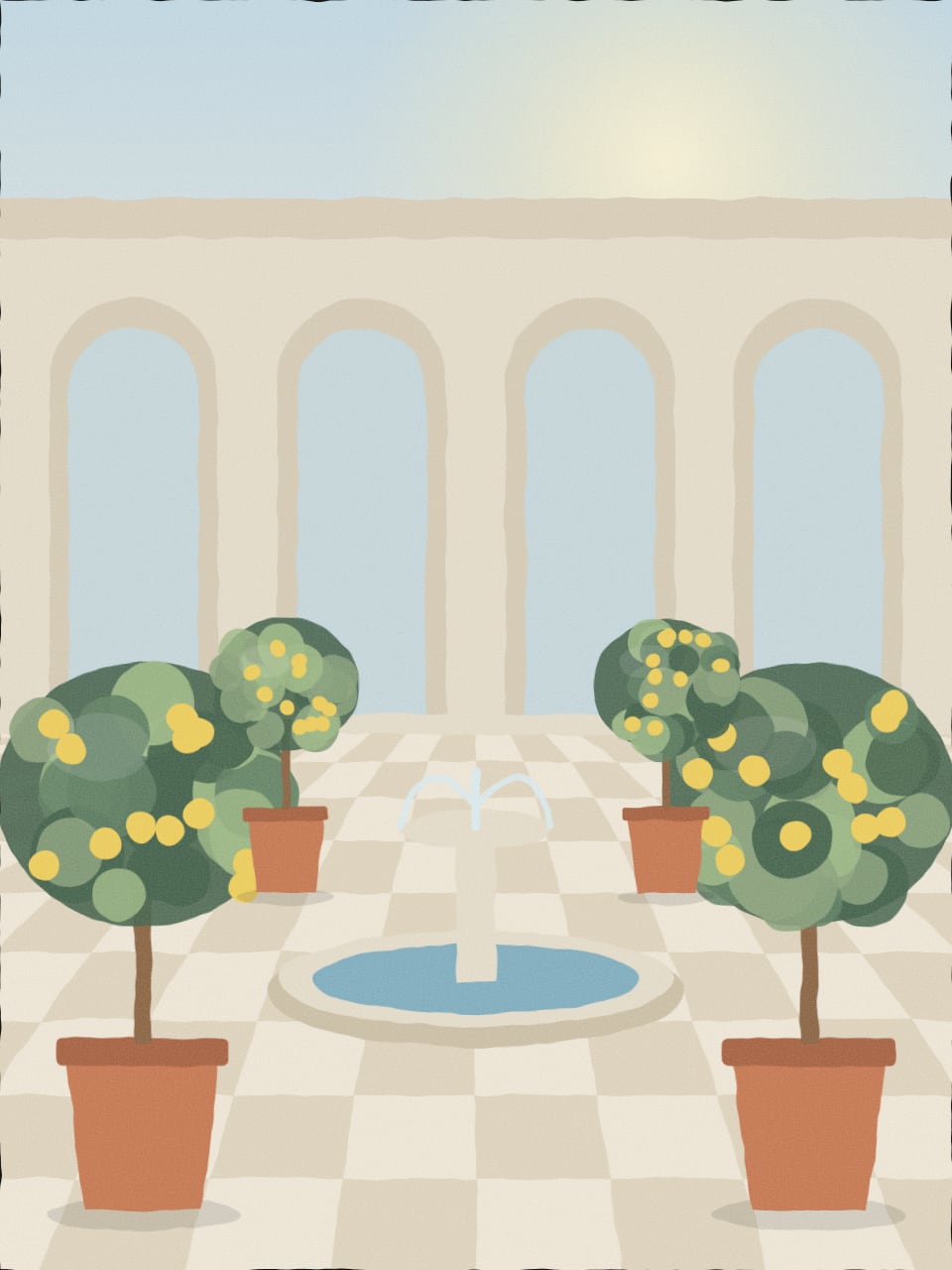 A pale limestone courtyard with lemon trees